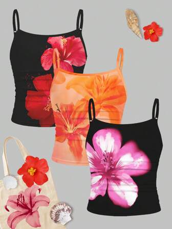 SHEIN Girlism 3pcs/Set Tween Girl Fitted Casual Beach Vacation Style, Featuring Tie-Dye Orange Lily, Hibiscus, Tropical Floral Print Tank Top, Activewear Camisole Tops