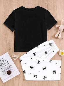 SHEIN Leap Crew 青少年女孩休闲蝴蝶结装饰简约圆领短袖长裤睡衣套装，适合夏季 - 彩色 - 查看 2