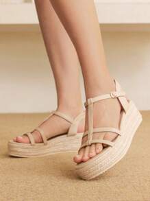 Styleloop Women's Adjustable Buckle Canvas Wedge Lace-Up Sandals - Apricot - View 2