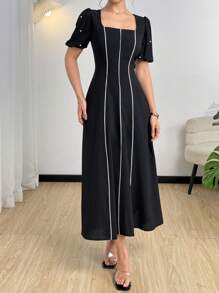 Modelyn Đầm dài vừa phải thanh lịch cổ vuông tay ngắn viền màu tương phản cho nữ, mùa hè - màu đen - Xem 5