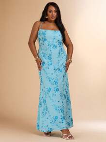 SHEIN BAE Vestido largo con lentejuelas y tirantes con lazo en la espalda, color azul sólido, talla grande, adecuado para la playa, vacaciones, vestido sin espalda, vestido de verano azul, vestido para festival de música, atuendo de graduación, atuendo del 4 de julio, atuendo de vacaciones en la isla, vestido de graduación, top tubo, ropa de verano, atuendos de playa para mujer, Y2k, conciertos