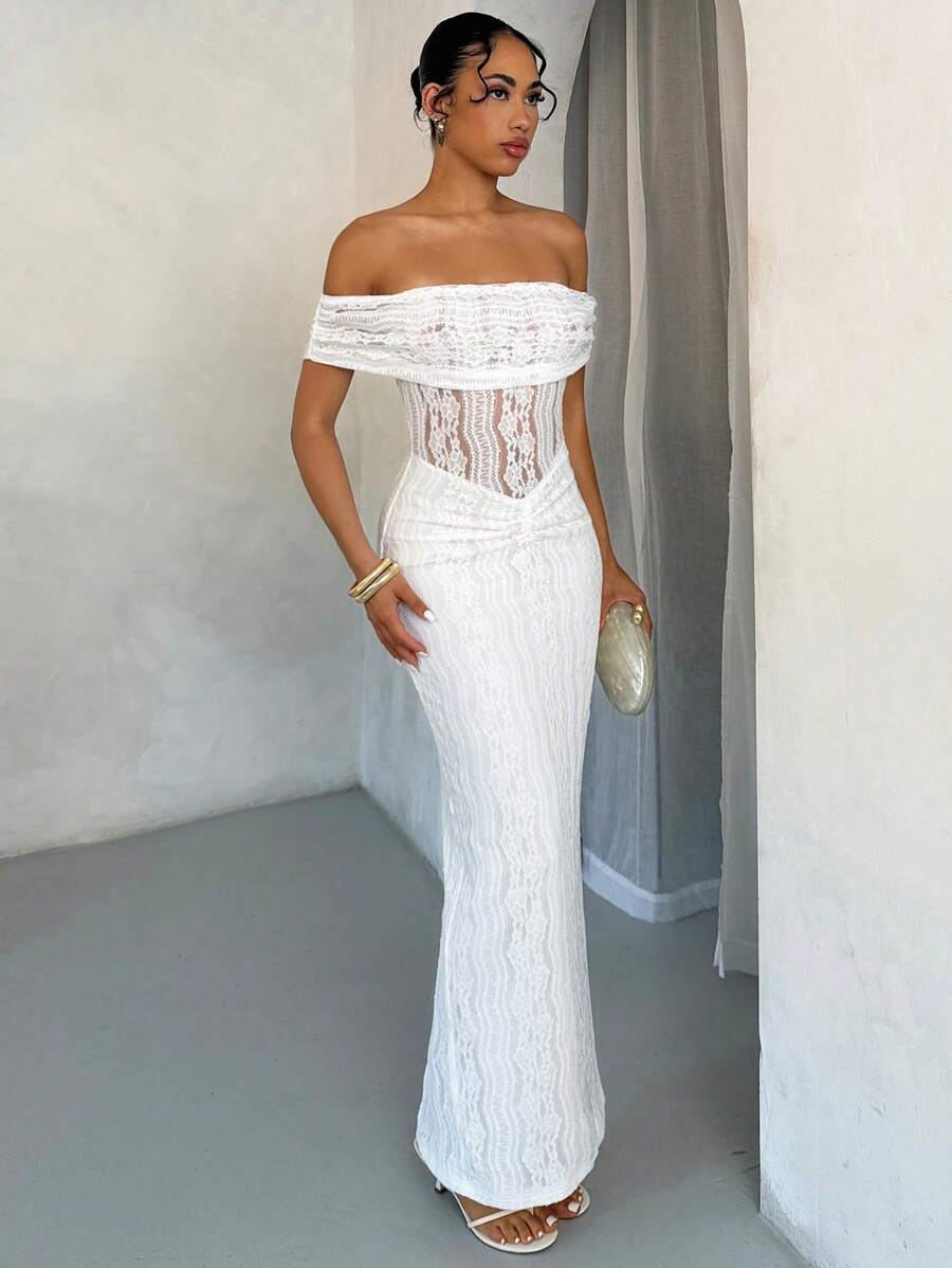SHEIN BAE Spring/Summer Off-Shoulder Lace Fitted Long Dress, Elegant - White - View 1