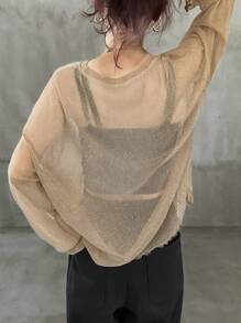 FRIFUL Blusa holgada de malla transparente con cuello redondo, prenda de capa para primavera/verano para mujeres