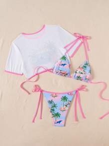 Swim Mod 3pcs/Set Women Floral Print Round Neck Sexy Bikini Swimsuit Set, Summer Beach Holiday - Multicolor - View 2