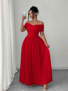 Elenzga Plus Size Women's Off Shoulder Ruched Waist Bandeau Romantic Elegant Graduation Dress, Summer Women Dresses Elegant Gown Women Summer Clothing Women Clothes Women Casual Dress Women Birthday Women Dresses Birthday - Red - View 1