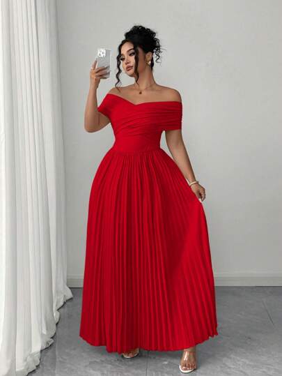 Elenzga Vestido elegante y romántico de graduación de hombros descubiertos con cintura fruncida para mujer talla grande, de verano