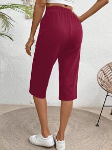 EMERY ROSE 女式纯色口袋松紧腰休闲七分裤 - 酒紅色 - 查看 2