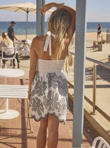 Aralina 女士花卉印花露背迷你连衣裙，适合节日穿着 - 白色 - 查看 2