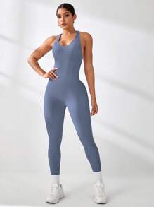 Easithlete 女士纯色露背无袖性感连体裤，夏季运动连体裤 - 霧霾藍 - 查看 3
