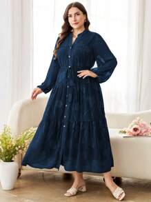 Modelyn Romantic Cut-Out Long Sleeve Loose Multilayer Dress For Spring & Summer, Plus Size Fall Cloth For Women - Blue - View 5