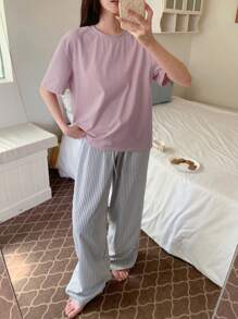 DAZY 2pcs Simple Striped T-Shirt Top And Pajama Bottoms Homewear Set