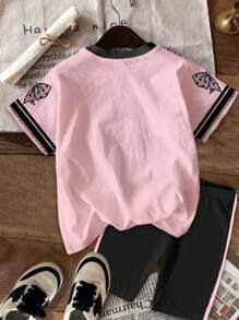 SHEIN 2pcs/Set Girl's Casual Lace Bow Decor Numeric 23 Print Short Sleeve Top And Shorts Set, Pink, Summer Outfit - Multicolor - View 3