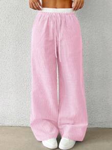 SHEIN 少女蓝白撞色腰部松紧腰休闲百搭梭织条纹阔腿裤 - 粉色 - 查看 4