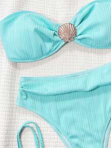 Swim Vcay 夏季新款纯色提花面料抹胸休闲露背系带可拆卸细肩带高腰短裤金属贝壳装饰沙滩比基尼套装 - 藍色 - 查看 4