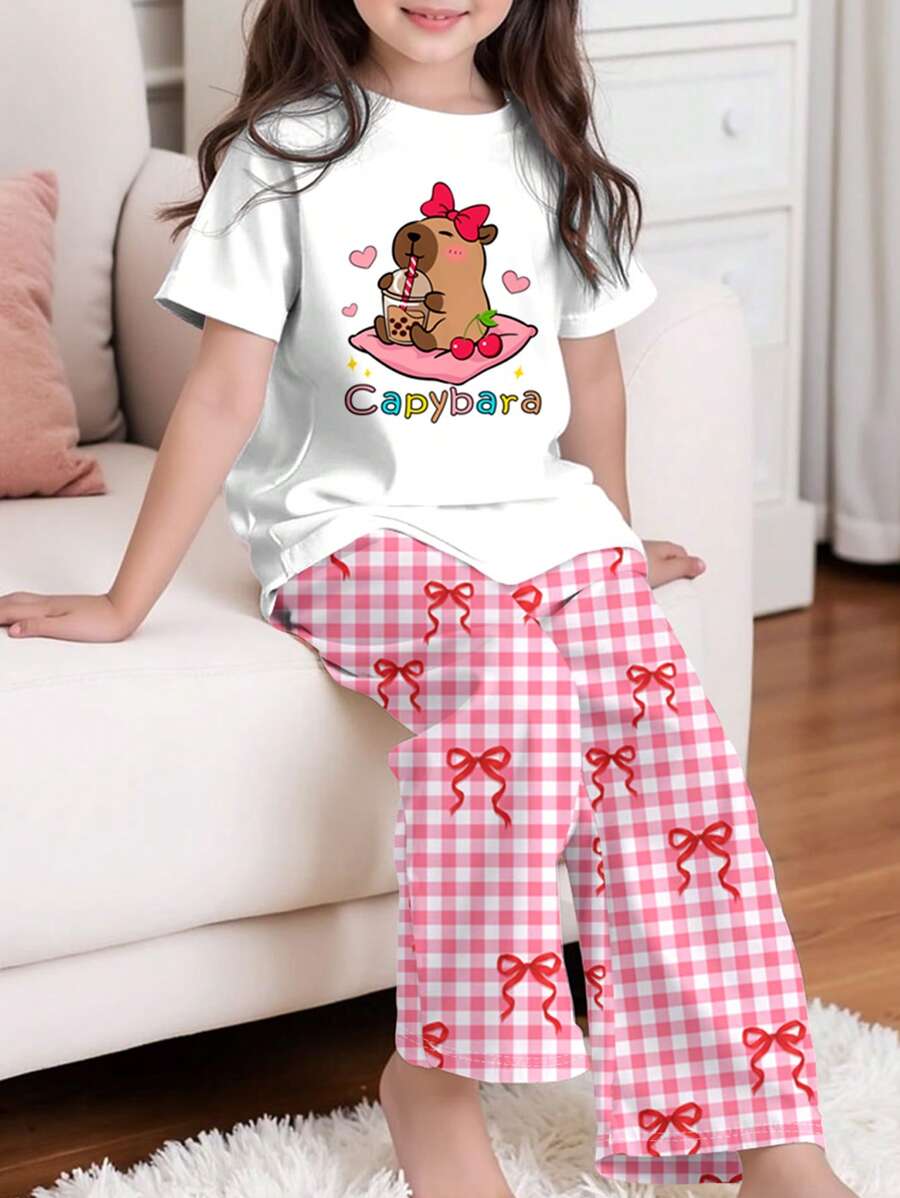 SHEIN Tween Girls Capybara & Bow Pattern Casual Simple Crew Neck Short Sleeve Lounge Set, Suitable For Summer - Multicolor - View 1