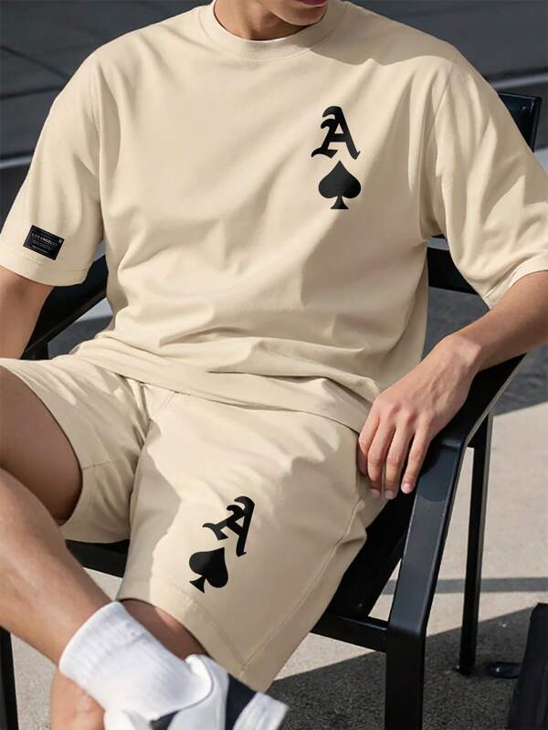 Manfinity Homme Men Playing Card Print Round Neck Short Sleeve Casual T-Shirt And Drawstring Waist Shorts 2pcs Set Two Pieces Short Set For Men Men Clothes Men T Shirt Co Ords