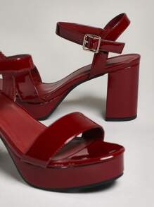 SHUZIA 女士舒适厚底高跟鞋经典绑带踝带酒红色 - 酒紅色 - 查看 4