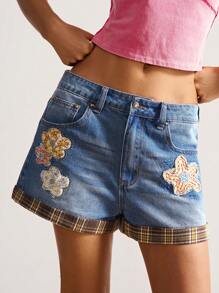 Bohemela Shorts vaqueros tejidos de unicolor con bordado, estilo campestre vintage bohemio