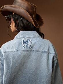 MISSGUIDED Western Style Denim Shirt Jacket Quarter Sleeve Textured Quilted Pattern Cowgirl Festival Summer Spring - Light Wash - View 5