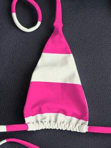 Swim Vcay Red & White Striped Micro Triangle Pink Bikini, Sexy Style For Summer Beach Vacation - Multicolor - View 3