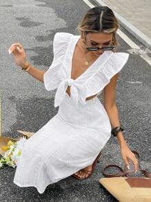 Serisse 女士纯色镂空刺绣系带荷叶边下摆休闲中长连衣裙 - 白色 - 查看 5