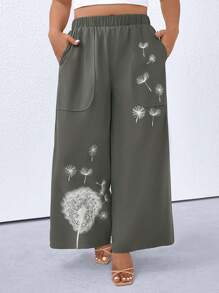 EMERY ROSE Plus Size Women Dandelion Print Elastic Waist Pockets Wide Leg Casual Pants - Army Green - View 3
