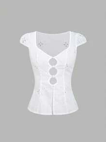 EgrlEra 新款中国风镂空性感白色短袖上衣，收腰修身女式衬衫 - 白色 - 查看 1