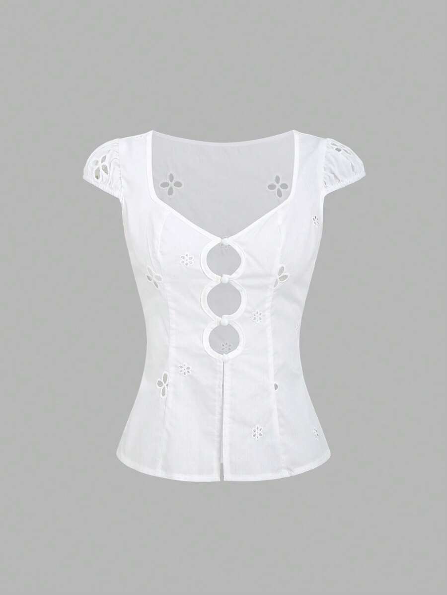 EgrlEra 新款中国风镂空性感白色短袖上衣，收腰修身女式衬衫 - 白色 - 查看 1
