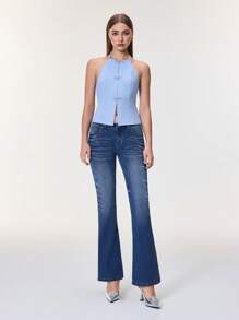 Selenza 女款 Zodiac 系列天秤座图案优雅通勤喇叭牛仔裤，采用银色刺绣精制牛仔布，水钻细节，星空图案，治愈、富有同情心、浪漫、聪明 - 藍色 - 查看 4