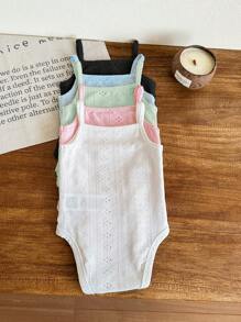 SHEIN LMoss Kids Bộ 5 món/bộ áo liền quần dệt kim không tay màu trơn dễ thương cho bé gái sơ sinh mùa hè - Nhiều màu - Xem 4