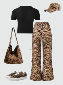 SHEIN Explorewe Tween Girl 美式豹纹星星印花T恤和阔腿裤套装 - 彩色 - 查看 2