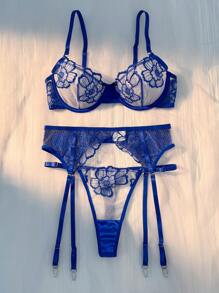 SHEIN Set de 3 piezas de lencería sexy con bordados florales en azul clásico - Azul - Ver 6