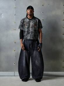 NEON BLANC Men's Vintage Streetwear Style Knit Crew Neck Short Sleeve T-Shirt With Rhinestone Letter Print, Suitable For Summer - Black - View 1