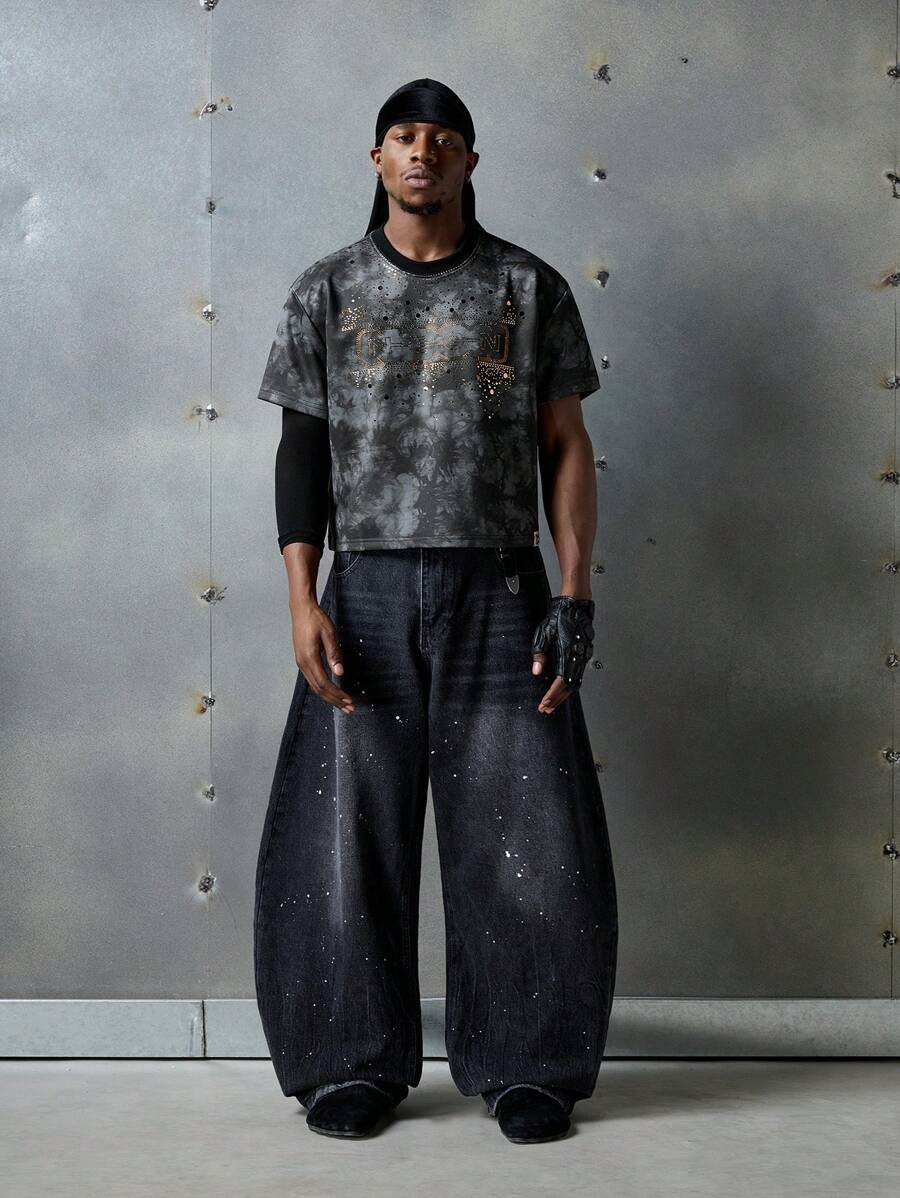 NEON BLANC Men's Vintage Streetwear Style Knit Crew Neck Short Sleeve T-Shirt With Rhinestone Letter Print, Suitable For Summer - Black - View 1