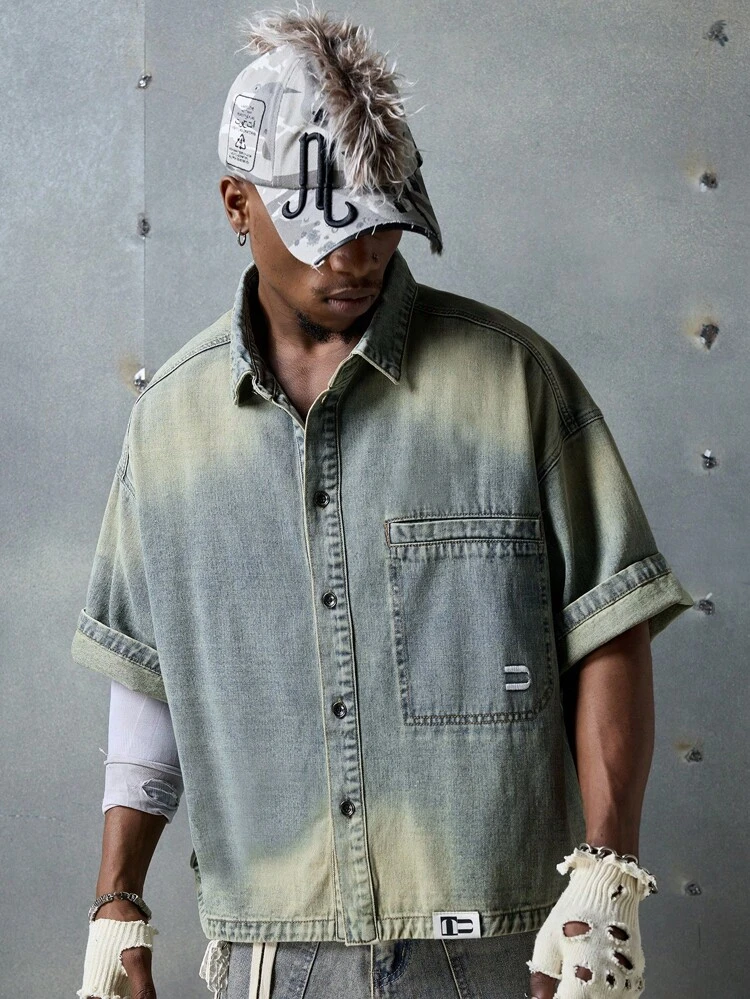 Men's Casual Woven Denim Short Sleeve Shirt, School, Streetwear Inspired