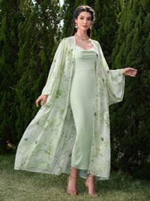 Modelyn 花卉印花长袖夹克和纯色连衣裙阿拉伯风格套装，适合女士，端庄 - 綠色 - 查看 1