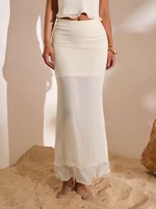 Opulessa Women Plain Woven Low Waist Solid Color Bodycon Split Hem Skirt - Apricot - View 1
