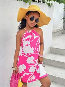 SHEIN Tween Girls' Casual Vacation Chiffon Floral Colorblock A-Line Halter Dress, Mommy And Me Matching Outfits (2 Pieces Sold Separately)