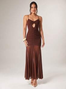 Silquee Women's Coffee Brown Dress,Summer Stretch Mesh Cutouts Cami Elegant Graduation Outfits,Seksi Chic Bar Party Flowy Beach Vacation Sundress - Brown - View 4