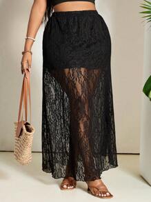 SHEIN PETITE CURVE Plus Size Women Floral Lace Skirt Women Summer For Vacation Country Concert People Of Shorter Stature - Black - View 3