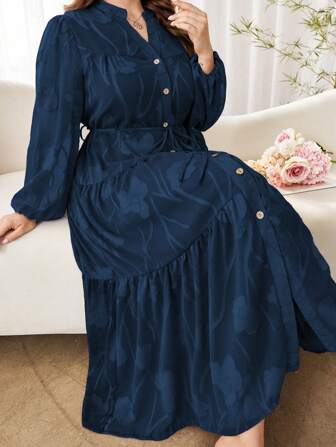 Modelyn Romantic Cut-Out Long Sleeve Loose Multilayer Dress For Spring & Summer, Plus Size Fall Cloth For Women
