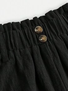 Girlism 少女蓝灰色纯色休闲短裤，纸袋腰纽扣细节，春夏季，适合休闲度假、节日、午餐、音乐节