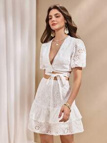 Almamuse Women Elegant Textured Embroidered Mini Skirt Set - White - View 7