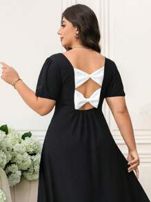 SHEIN Clasi 曲线美大码女式浪漫优雅日常黑色圆领泡泡短袖针织纹理松紧腰 A 字长裙，背面饰有蝴蝶，女士夏季连衣裙，女士婚礼宾客礼服，女士节日服装，女士音乐会服装，女士教堂礼服，黑色连衣裙，舞会礼服，女士黑色连衣裙，大码连衣裙，女士正式连衣裙，女士长裙，舞会礼服，女士端庄连衣裙，女士优雅服装 - 黑色 - 查看 1