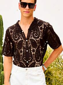 Manfinity RSRT Men's Solid Color Front Button Hollow Mesh Short Sleeve Knit Top - Coffee Brown - View 1