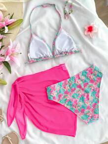 SHEIN 少女三件套粉色贝壳印花泳衣背心 INI 套装度假海滩风格 - 粉色 - 查看 2