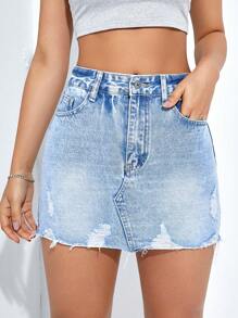 SHEIN EZwear 破洞毛邊緣牛仔半身裙