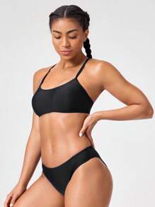 Swim Nautrix 2pcs Spaghetti Strap Crop Top And Low-Waist Bikini Bottom Sexy Swimsuit Set, Summer - Black - View 5
