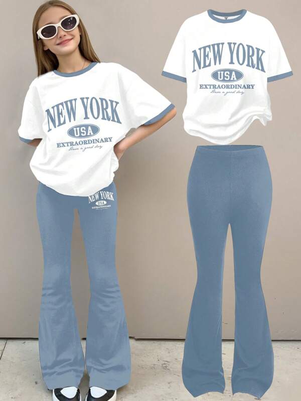 SHEIN Tween Girls Casual Minimalist Short Sleeve & Long Pants 2 Pieces Set, Summer