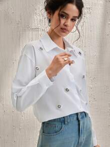 RueChic Cotton Pearls Beaded Button Front Shirt - White - View 4